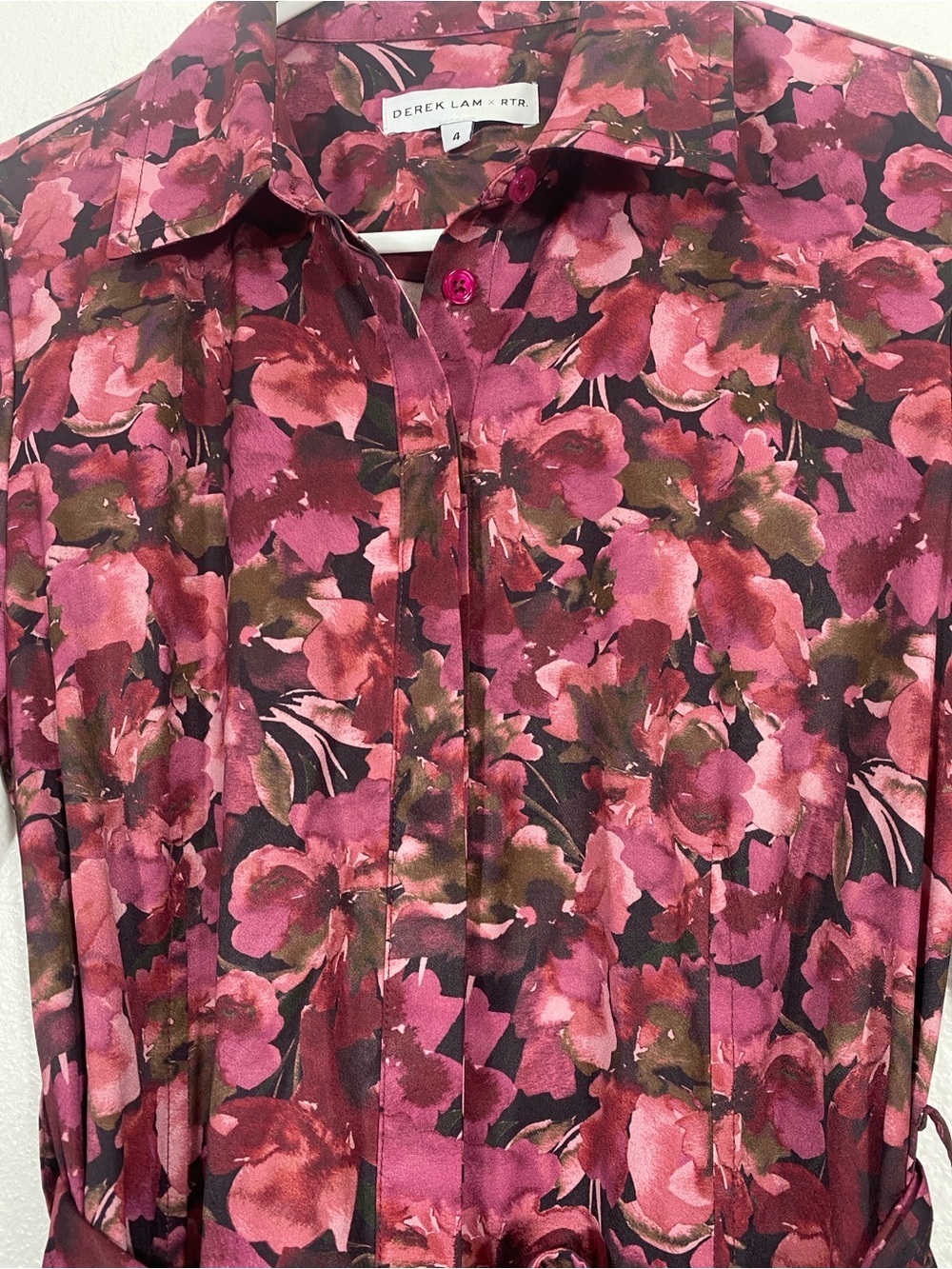 10 Crosby Derek Lam Maroon and Pink Floral Long-Sleeve Pleated Dress Size 4 - Picture 6 of 16
